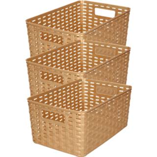 👉 Opbergmand goud kunststof 3x stuks rotan gevlochten opbergmand/opbergbox - goud-kleurig 19 x 29 13 cm