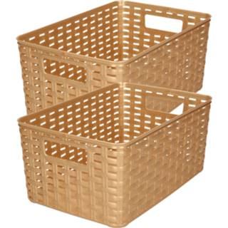 👉 Opbergmand goud kunststof 4x stuks rotan gevlochten opbergmand/opbergbox - goud-kleurig 19 x 29 13 cm