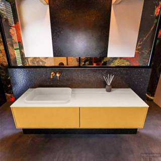 👉 Badmeubel ocher linnen MONDIAZ ERIN 150cm onderkast kleur met 2 lades. Wastafel RIDGE links zonder kraangaten Linen. 6017318350394