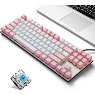 👉 Switch blauw IBlancod K87 87 Keys Wired Mechanical Keyboard Metal Panel Two-color Injection Keycap 20 Light Effects Pink&White(Blue Switches)