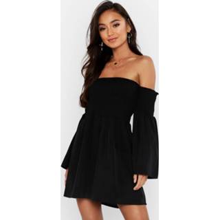 👉 Petite Geplooide Bardot Skater Jurk Met Wijde Mouwen, Black