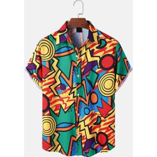 👉 Shirts korte mouw m male Multi Color Mens All Over Colorful Pattern Print Lapel Short Sleeve