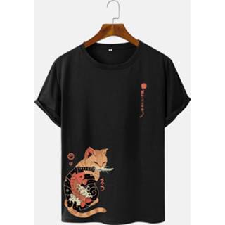 Short sleeve polyester XL male wit Mens Japanese Cat & Fish Print Crew Neck T-Shirts