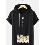 👉 Short sleeve polyester XL male zwart Mens Japanese Cute Cat Print Drawstring Hooded T-Shirts