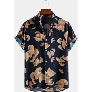 👉 Shirts korte mouw polyester s male zwart Mens Vintage Leaf Print Button Up Holiday Cotton Short Sleeve