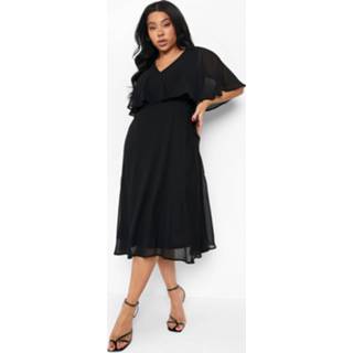 👉 Plus Chiffon Midi Wikkel Skater Jurk Met Cape Mouwen, Black