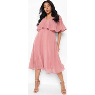 👉 Skater jurk rose Plus Chiffon Midi Wikkel Met Cape Mouwen,