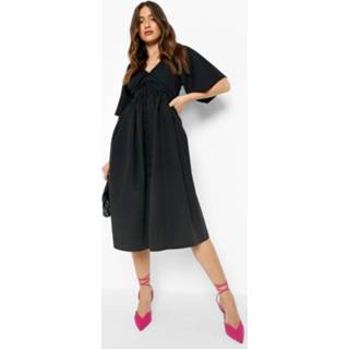 👉 Gesmokte Poplin Midi Jurk Met Knopen, Black