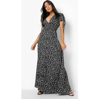 👉 Petite Bloemen Maxi Jurk Met Laag Decolleté En Stippen, Black