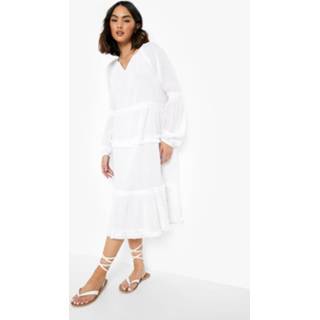 👉 Gesmokte Kaasdoek Midi Jurk Met Laagjes, White