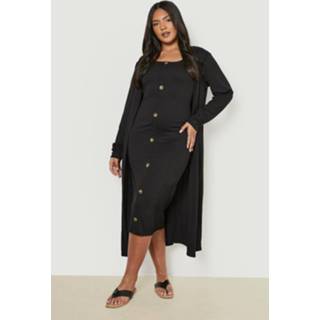 👉 Plus Midi Jurk Met Nephoornen Knopen En Duster Jas Set, Black