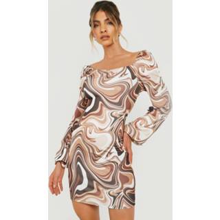 👉 Marmerprint Mini Jurk Met Pofmouwen, Chocolate