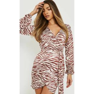 👉 Zebraprint Strakke Long Slevee Wikkel Jurk, Brown