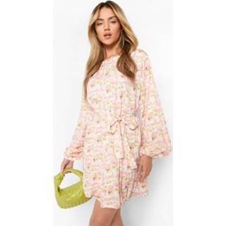 👉 Zwierige Bloemen Skater Jurk Met Ceintuur, Baby Pink
