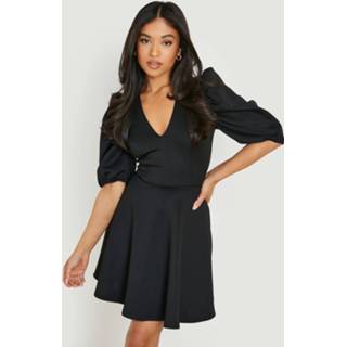 👉 Petite Skater Jurk Met Pofmouwen, Black
