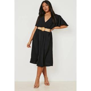 👉 Plus Raffia Midi Jurk Met Engelenmouwen En Ceintuur, Black