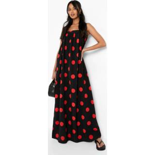 👉 Maxi Jurk Met Stippen, Bandjes En Vierkante Hals, Black