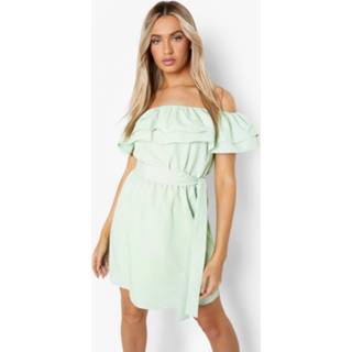 👉 Off Shoulder Mini Skater Jurk Met Krijtstrepen En Franjes, Green