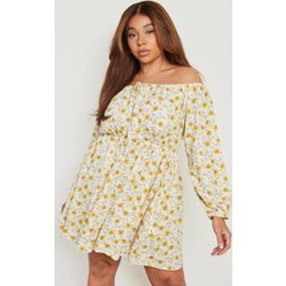 👉 Plus Off Shoulder Bloemen Skater Jurk, Yellow