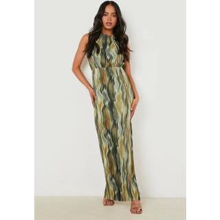 👉 Petite Geplooide Plisse Maxi Jurk Met Print En Hoge Split, Green