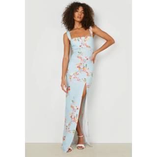 👉 Tall Bloemen Maxi Jurk Met Vierkante Hals En Zijsplit, Blue