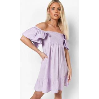 👉 Petite Linnen Mini Jurk Met Engelenmouwen En Ruches, Lilac