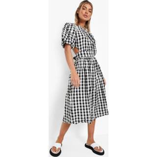👉 Gingham Midi Jurk Met Textuur En Pofmouwen, Black