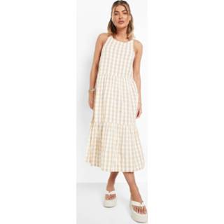 👉 Gingham Midi Jurk Met Textuur, Open Rug En Laagjes, Stone