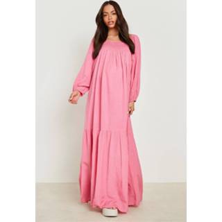 👉 Zwangerschap Linnen Maxi Jurk Met Volle Mouwen, Rose Pink