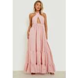 👉 Geruite Cut Out Halter Maxi Jurk, Pink
