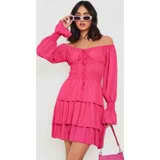 👉 Geplooide Chiffon Bardot Mini Jurk, Hot Pink