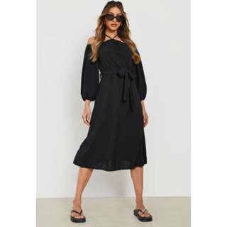 👉 Linnen Look Halter Midi Jurk Met Lange Mouwen, Black