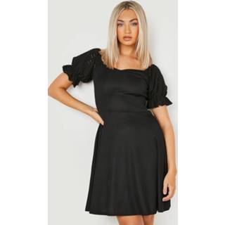 Contrasterende Geribbelde Broderie Skater Jurk, Black