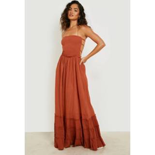 👉 Geplooide Kaasdoek Maxi Jurk Met Open Rug, Tan