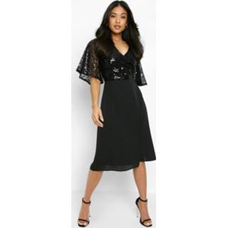 👉 Petite Sequin Gelegenheids Midi Jurk Met Engelenmouwen, Black