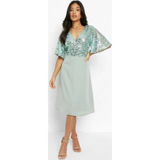 👉 Petite Sequin Gelegenheids Midi Jurk Met Engelenmouwen, Sage