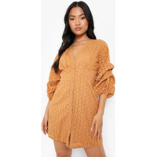 👉 Petite Geplooide Broderie Mini Jurk Met Pofmouwen, Tan