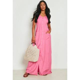 Tall Linnen Maxi Jurk Met Knopen En Zakken, Hot Pink