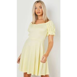 👉 Contrasterende Geribbelde Broderie Skater Jurk, Lemon