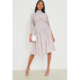 👉 Geplooide Bloemen Midi Jurk Met Hoge Hals, Powder Pink