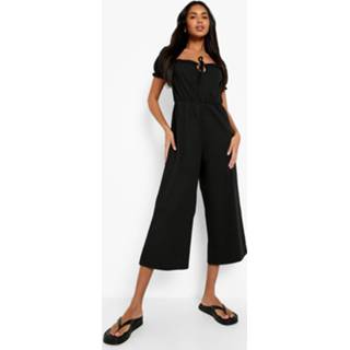 👉 Keperstof Wide Leg Jumpsuit Met Pofmouwen, Black