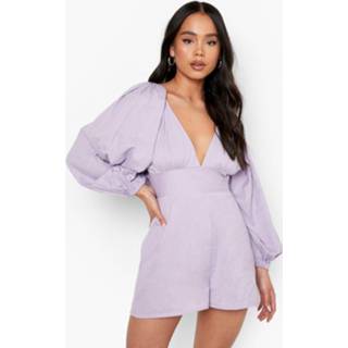 👉 Petite Kort Linnen Romper Met Volle Mouwen, Lilac