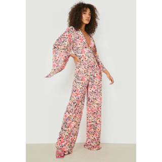👉 Tall Met Wijde Mouwen Bloemen Gelegenheids Jumpsuit, Pink