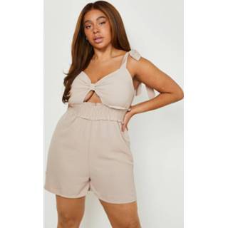 👉 Plus Geweven Geweven Romper Met Bandjes En Strik, Stone