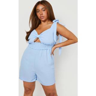 👉 Plus Geweven Geweven Romper Met Bandjes En Strik, Light Blue