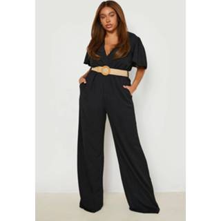 👉 Plus Geweven Raffia Jumpsuit Met Ceintuur En Engelenmouwen, Black