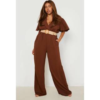 👉 Plus Geweven Raffia Jumpsuit Met Ceintuur En Engelenmouwen, Chocolate