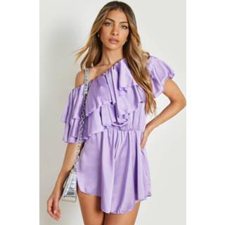 👉 Satijnen Romper Met Eén Blote Schouder En Franjes, Lilac
