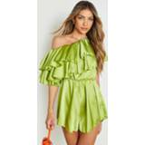 👉 Rompertje groen Satijnen Romper Met Eén Blote Schouder En Franjes, Chartreuse