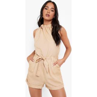 👉 Petite Linnen Halter Romper Met Ceintuur, Stone